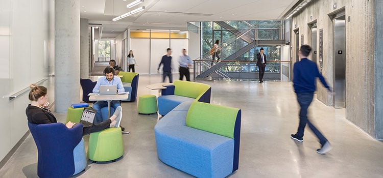 Open shared space inside Chou Hall at the Haas School of Business