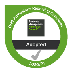 Badge from Graduate Management Admission Council. GME Admissions Reporting Standards Adopted 2020/21. 